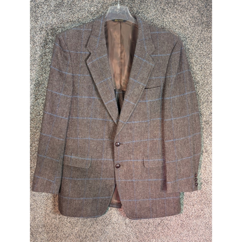 Vintage Pure Wool Blazer Brown Herringbone Blue Windowpane Sport Coat Mens 44R